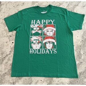 Naruto Happy‎ Holidays Green 2XL Unisex T-Shirt Anime Christmas Sasuke Kakashi
